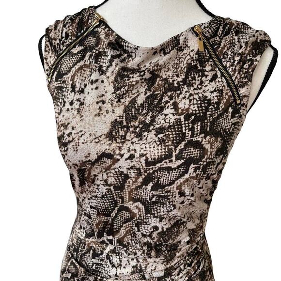 Y2K CACHE ANIMAL PRINT ZIP UP RUCHED DRESS SMALL EUC - Picture 4 of 8